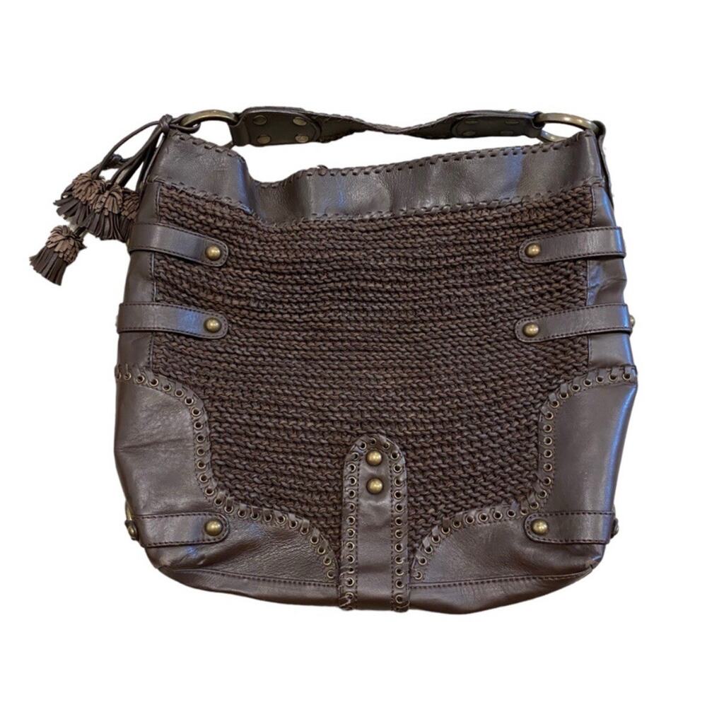 Y2K Isabella Fiore Carina Hobo Dark Brown Knitted Real Leather 16'hx14L Boho Bag